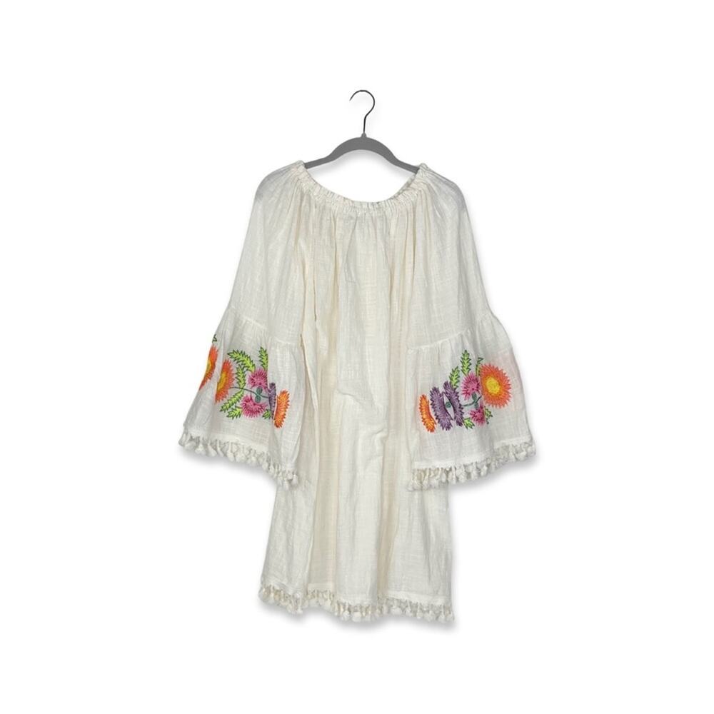 Velzera White Mini Dress with Fringe Hems and Floral Embroidered Sleeve Detail